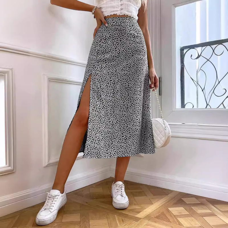 Amazon prekogranični izvoz 2025. proljeće i jesen nova europska i američka cvjetna suknja s prorezom A-kroja koja prekriva bokove, duga suknja do sredine struka