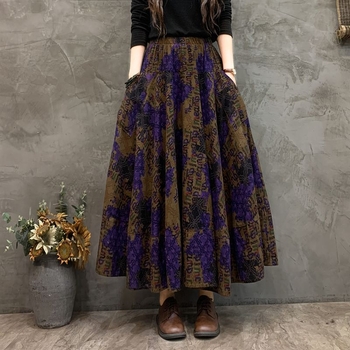 Madingas moteriškas pavasarinis ir rudens naujas medvilninis ir lininis gėlėtas sijonas vasarinis tamprus aukštu juosmeniu retro ilgas šokių didelis sijonas