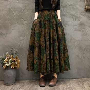 Madingas moteriškas pavasarinis ir rudens naujas medvilninis ir lininis gėlėtas sijonas vasarinis tamprus aukštu juosmeniu retro ilgas šokių didelis sijonas