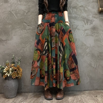 Madingas moteriškas pavasarinis ir rudens naujas medvilninis ir lininis gėlėtas sijonas vasarinis tamprus aukštu juosmeniu retro ilgas šokių didelis sijonas