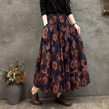 Madingas moteriškas pavasarinis ir rudens naujas medvilninis ir lininis gėlėtas sijonas vasarinis tamprus aukštu juosmeniu retro ilgas šokių didelis sijonas