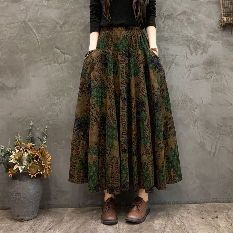 Madingas moteriškas pavasarinis ir rudens naujas medvilninis ir lininis gėlėtas sijonas vasarinis tamprus aukštu juosmeniu retro ilgas šokių didelis sijonas