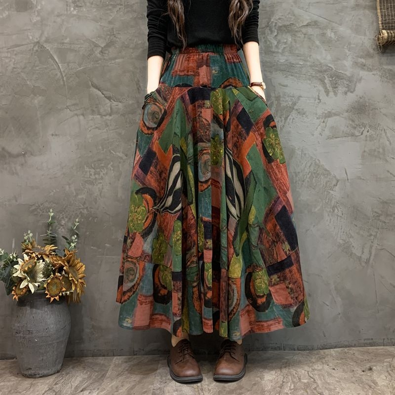 Madingas moteriškas pavasarinis ir rudens naujas medvilninis ir lininis gėlėtas sijonas vasarinis tamprus aukštu juosmeniu retro ilgas šokių didelis sijonas