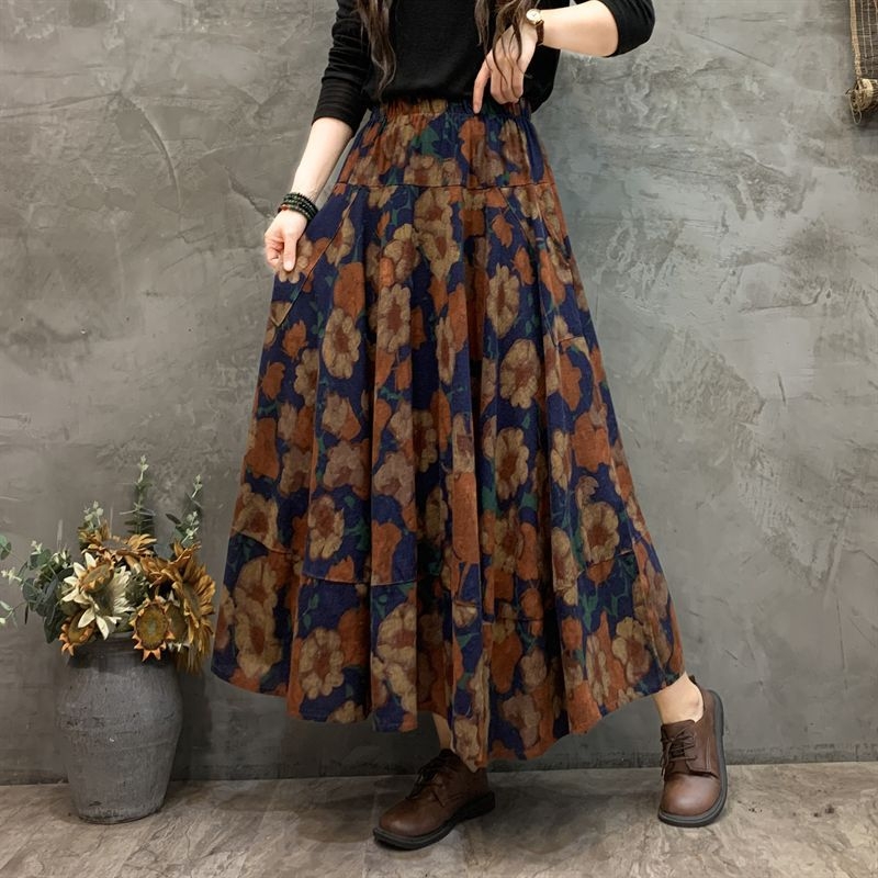 Madingas moteriškas pavasarinis ir rudens naujas medvilninis ir lininis gėlėtas sijonas vasarinis tamprus aukštu juosmeniu retro ilgas šokių didelis sijonas