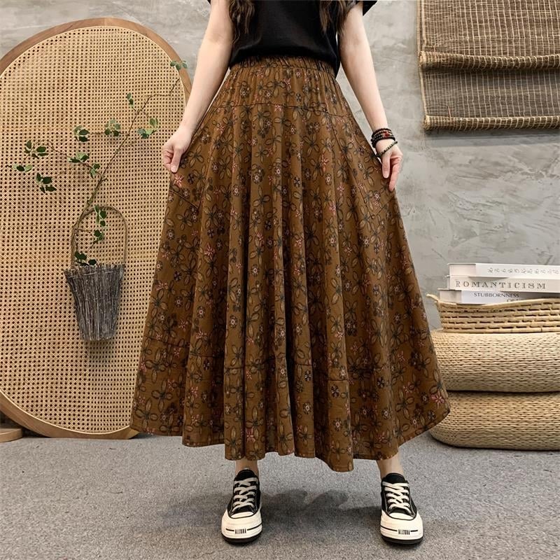 Madingas moteriškas pavasarinis ir rudens naujas medvilninis ir lininis gėlėtas sijonas vasarinis tamprus aukštu juosmeniu retro ilgas šokių didelis sijonas