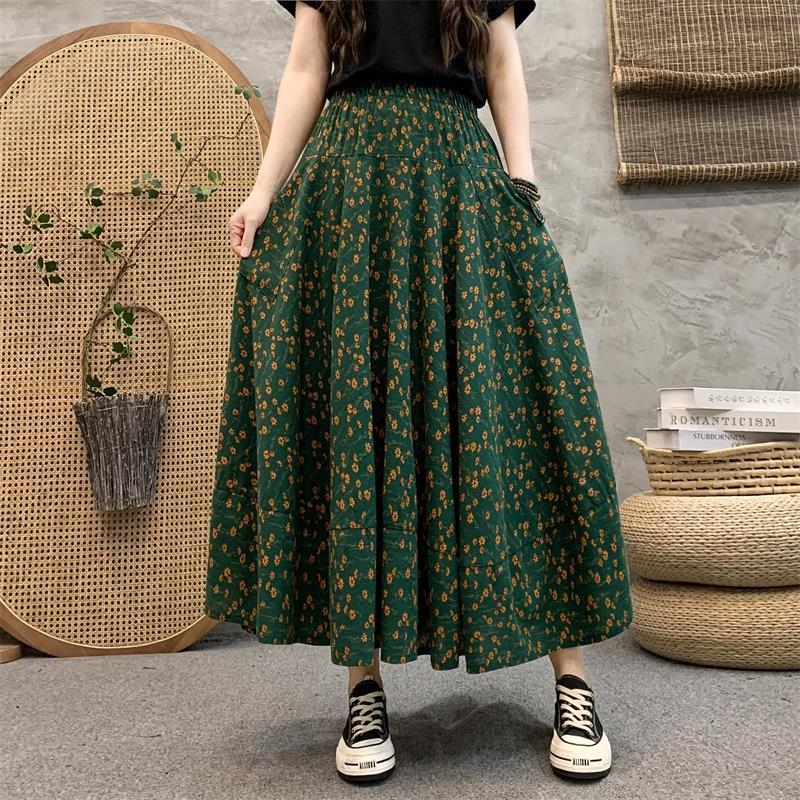 Madingas moteriškas pavasarinis ir rudens naujas medvilninis ir lininis gėlėtas sijonas vasarinis tamprus aukštu juosmeniu retro ilgas šokių didelis sijonas
