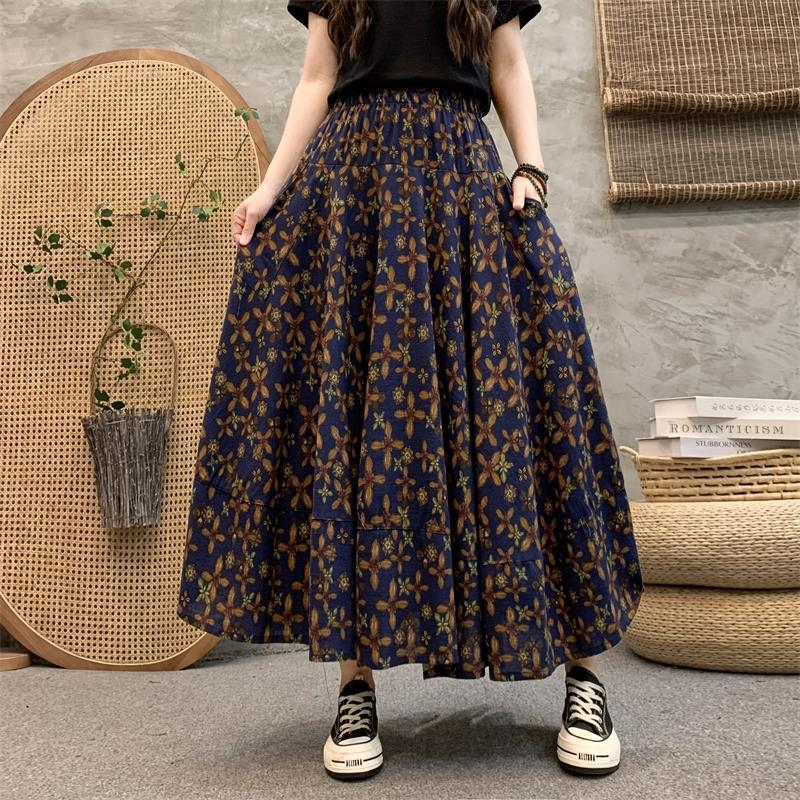 Madingas moteriškas pavasarinis ir rudens naujas medvilninis ir lininis gėlėtas sijonas vasarinis tamprus aukštu juosmeniu retro ilgas šokių didelis sijonas