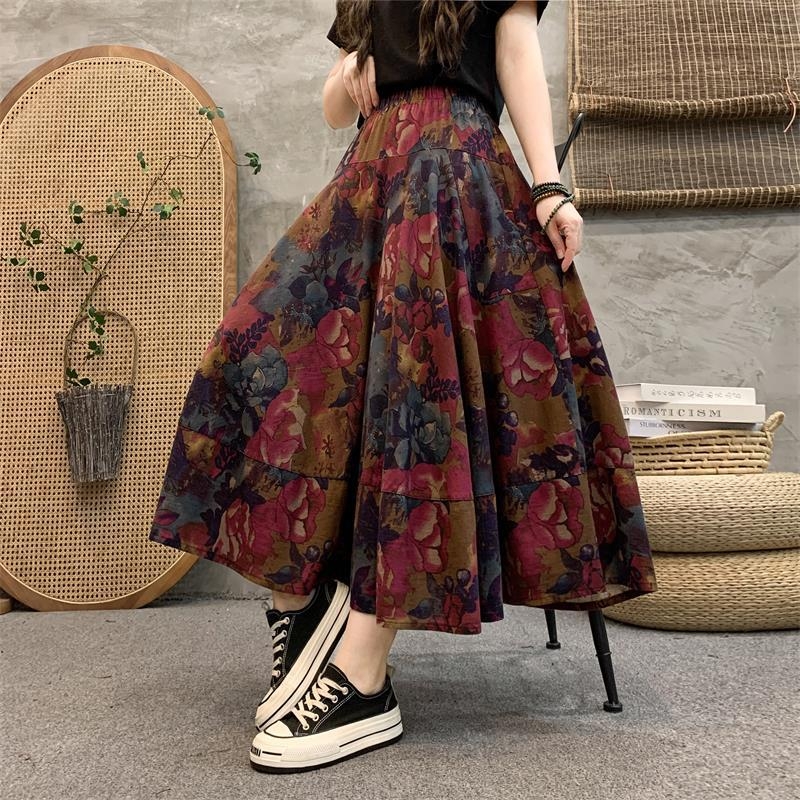 Madingas moteriškas pavasarinis ir rudens naujas medvilninis ir lininis gėlėtas sijonas vasarinis tamprus aukštu juosmeniu retro ilgas šokių didelis sijonas