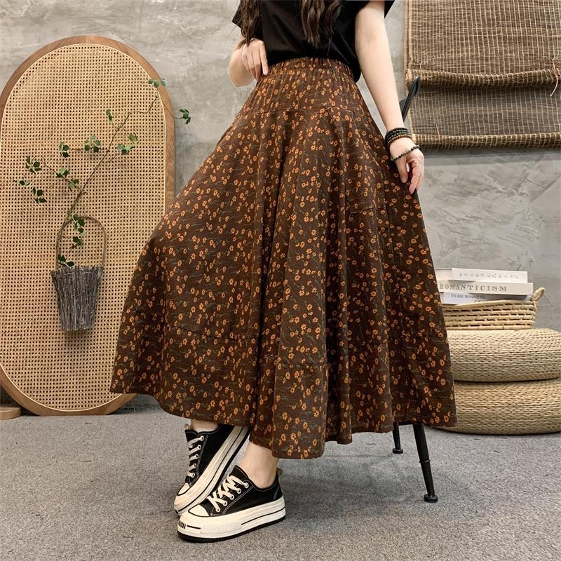 Madingas moteriškas pavasarinis ir rudens naujas medvilninis ir lininis gėlėtas sijonas vasarinis tamprus aukštu juosmeniu retro ilgas šokių didelis sijonas