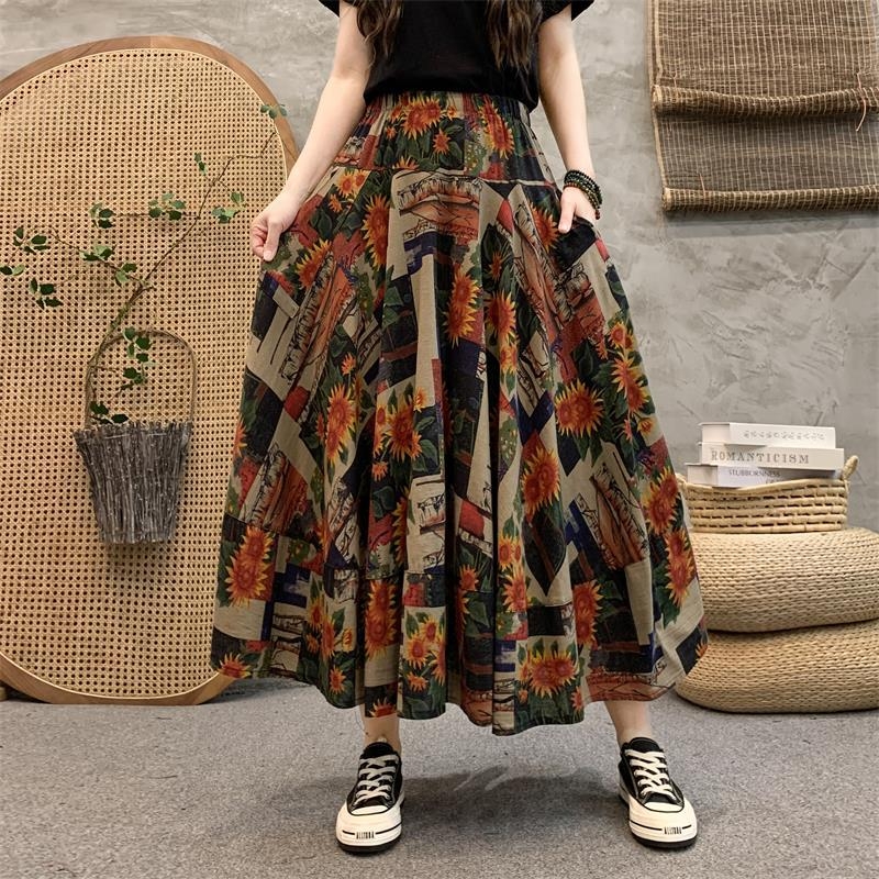 Madingas moteriškas pavasarinis ir rudens naujas medvilninis ir lininis gėlėtas sijonas vasarinis tamprus aukštu juosmeniu retro ilgas šokių didelis sijonas
