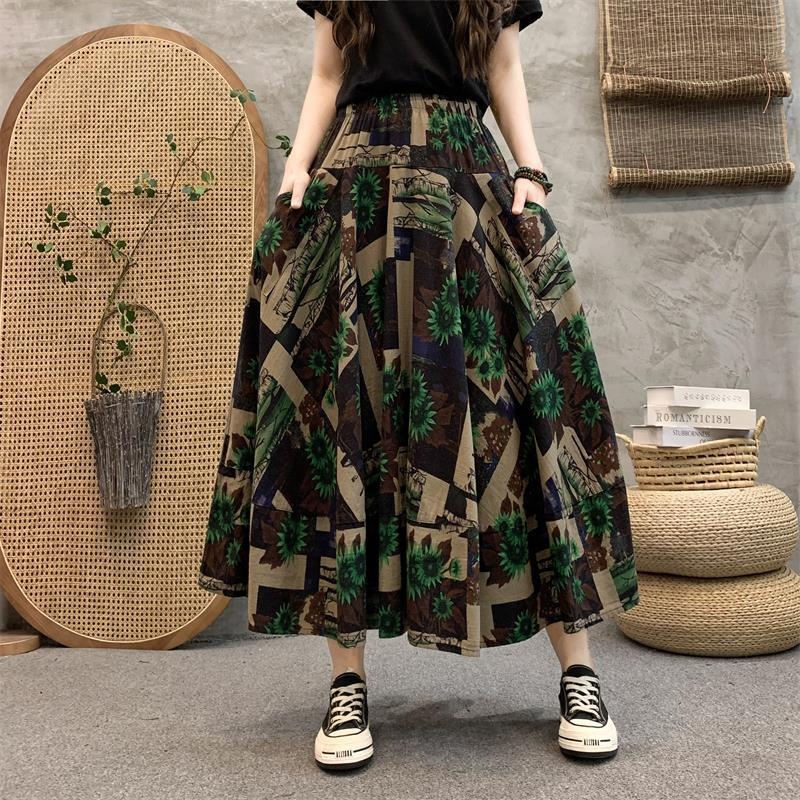 Madingas moteriškas pavasarinis ir rudens naujas medvilninis ir lininis gėlėtas sijonas vasarinis tamprus aukštu juosmeniu retro ilgas šokių didelis sijonas