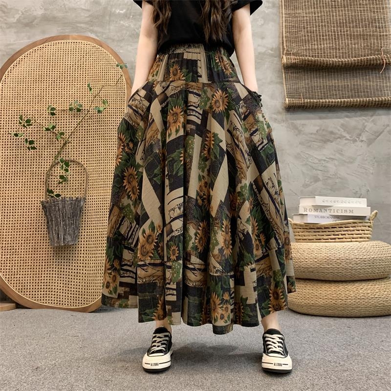 Madingas moteriškas pavasarinis ir rudens naujas medvilninis ir lininis gėlėtas sijonas vasarinis tamprus aukštu juosmeniu retro ilgas šokių didelis sijonas