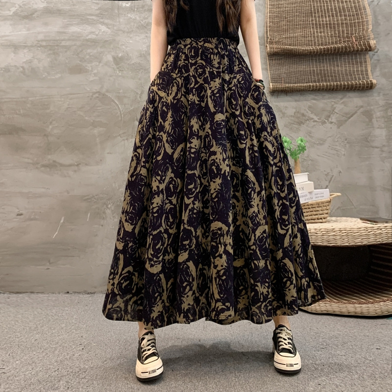 Madingas moteriškas pavasarinis ir rudens naujas medvilninis ir lininis gėlėtas sijonas vasarinis tamprus aukštu juosmeniu retro ilgas šokių didelis sijonas
