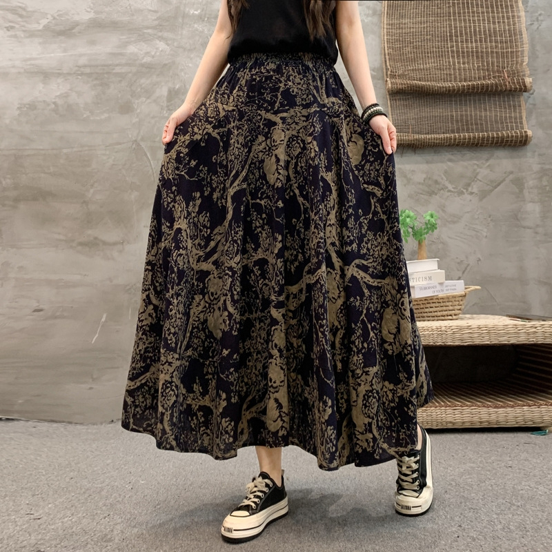 Madingas moteriškas pavasarinis ir rudens naujas medvilninis ir lininis gėlėtas sijonas vasarinis tamprus aukštu juosmeniu retro ilgas šokių didelis sijonas
