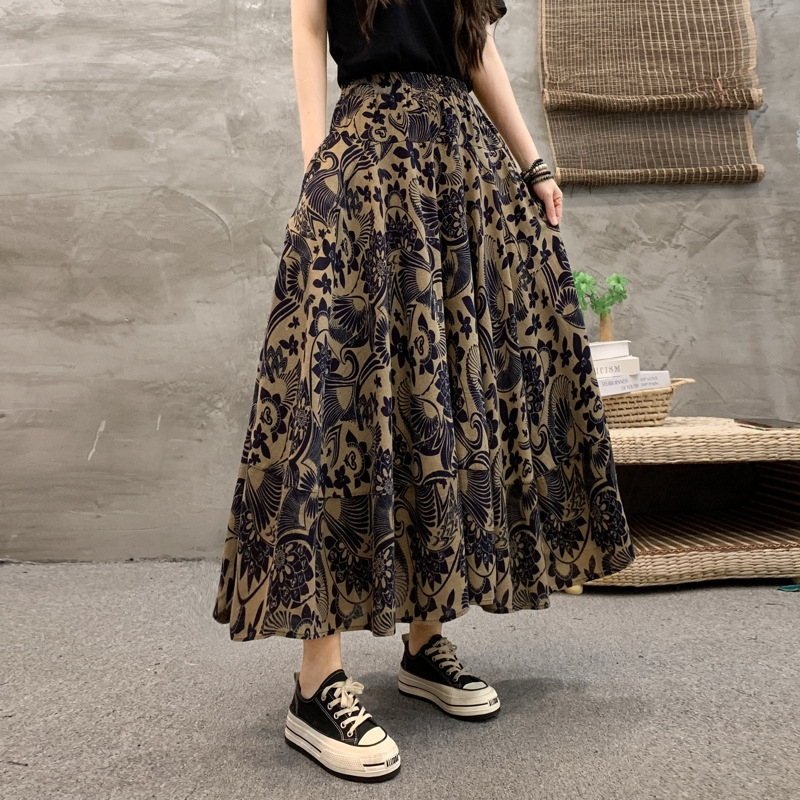 Madingas moteriškas pavasarinis ir rudens naujas medvilninis ir lininis gėlėtas sijonas vasarinis tamprus aukštu juosmeniu retro ilgas šokių didelis sijonas