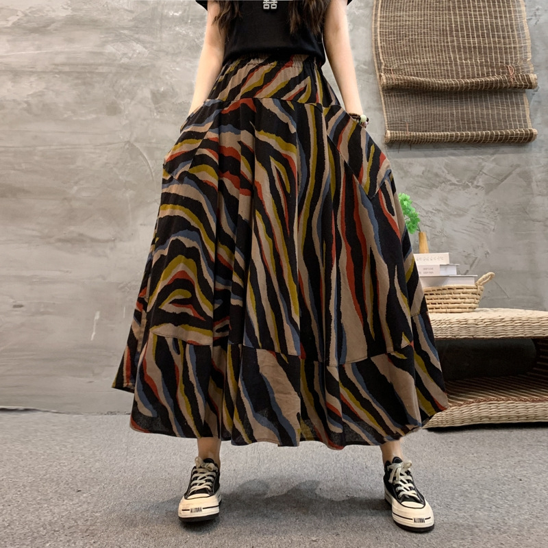 Madingas moteriškas pavasarinis ir rudens naujas medvilninis ir lininis gėlėtas sijonas vasarinis tamprus aukštu juosmeniu retro ilgas šokių didelis sijonas