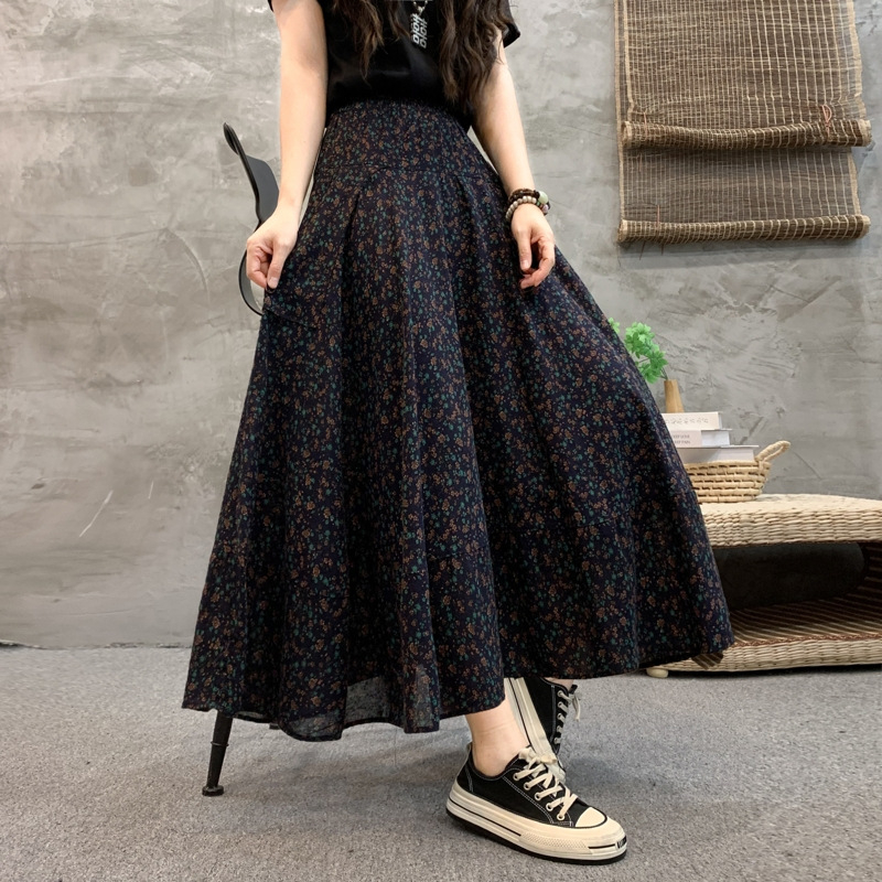 Madingas moteriškas pavasarinis ir rudens naujas medvilninis ir lininis gėlėtas sijonas vasarinis tamprus aukštu juosmeniu retro ilgas šokių didelis sijonas