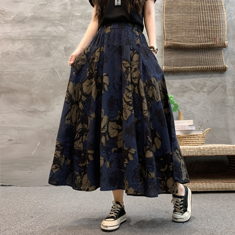 Madingas moteriškas pavasarinis ir rudens naujas medvilninis ir lininis gėlėtas sijonas vasarinis tamprus aukštu juosmeniu retro ilgas šokių didelis sijonas