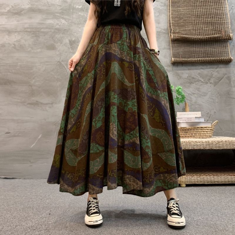 Madingas moteriškas pavasarinis ir rudens naujas medvilninis ir lininis gėlėtas sijonas vasarinis tamprus aukštu juosmeniu retro ilgas šokių didelis sijonas