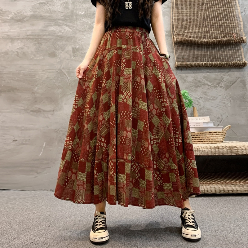Madingas moteriškas pavasarinis ir rudens naujas medvilninis ir lininis gėlėtas sijonas vasarinis tamprus aukštu juosmeniu retro ilgas šokių didelis sijonas