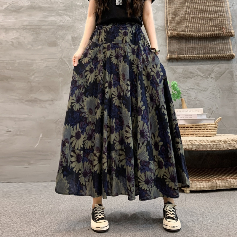 Madingas moteriškas pavasarinis ir rudens naujas medvilninis ir lininis gėlėtas sijonas vasarinis tamprus aukštu juosmeniu retro ilgas šokių didelis sijonas