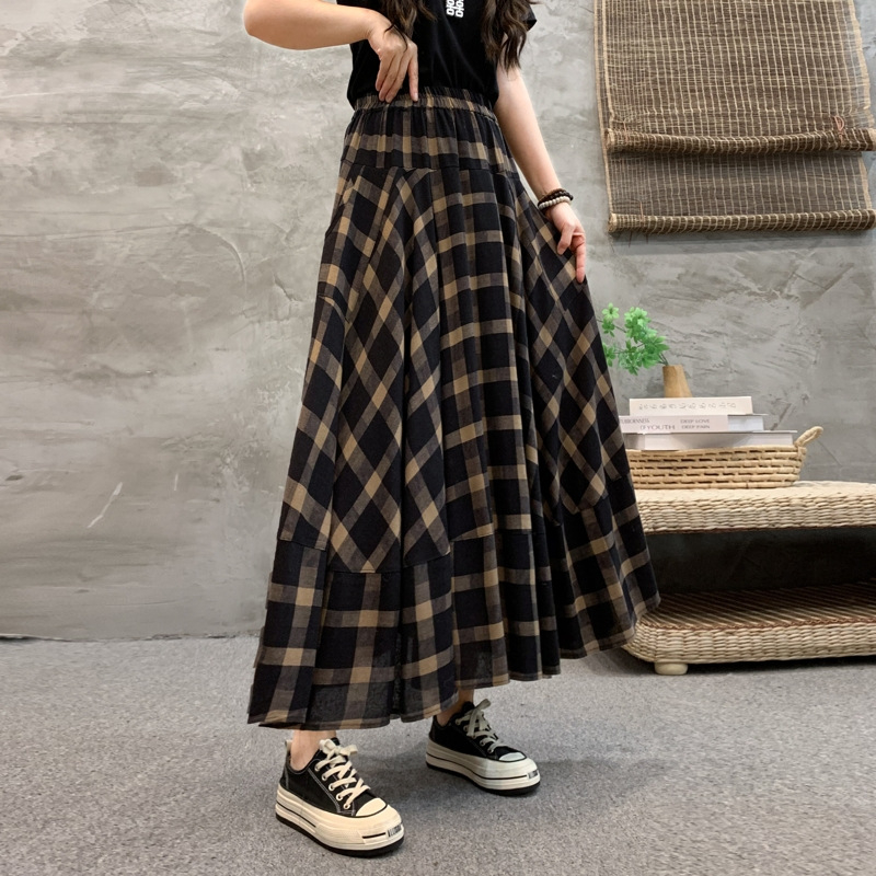 Madingas moteriškas pavasarinis ir rudens naujas medvilninis ir lininis gėlėtas sijonas vasarinis tamprus aukštu juosmeniu retro ilgas šokių didelis sijonas