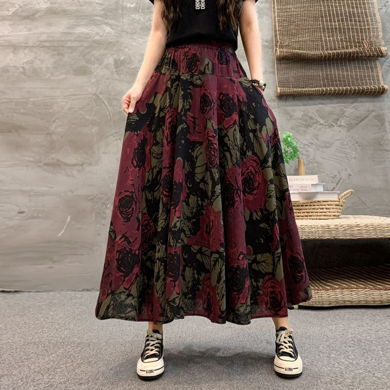 Madingas moteriškas pavasarinis ir rudens naujas medvilninis ir lininis gėlėtas sijonas vasarinis tamprus aukštu juosmeniu retro ilgas šokių didelis sijonas