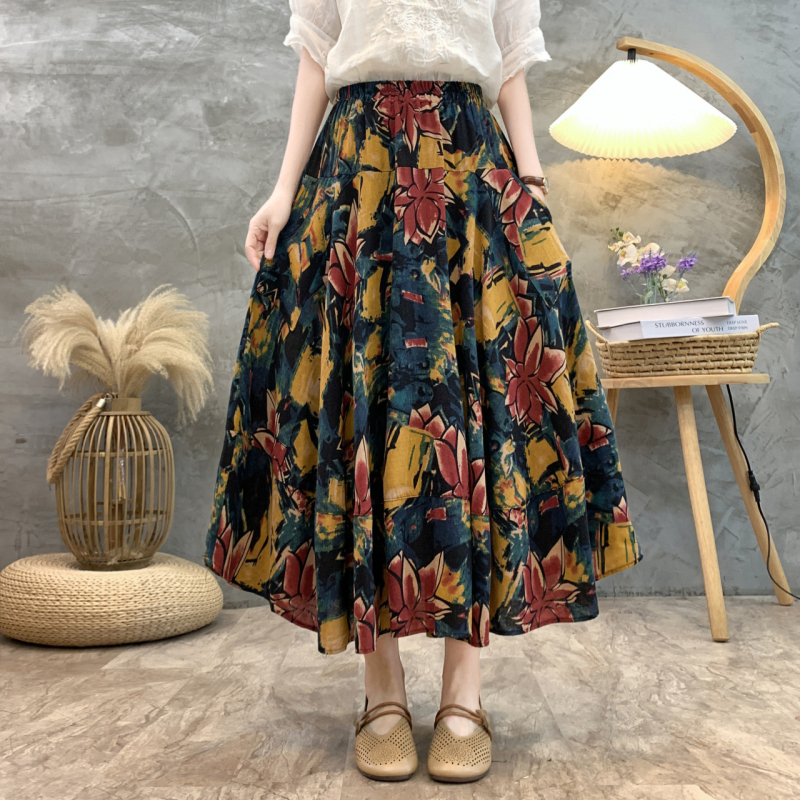 Madingas moteriškas pavasarinis ir rudens naujas medvilninis ir lininis gėlėtas sijonas vasarinis tamprus aukštu juosmeniu retro ilgas šokių didelis sijonas