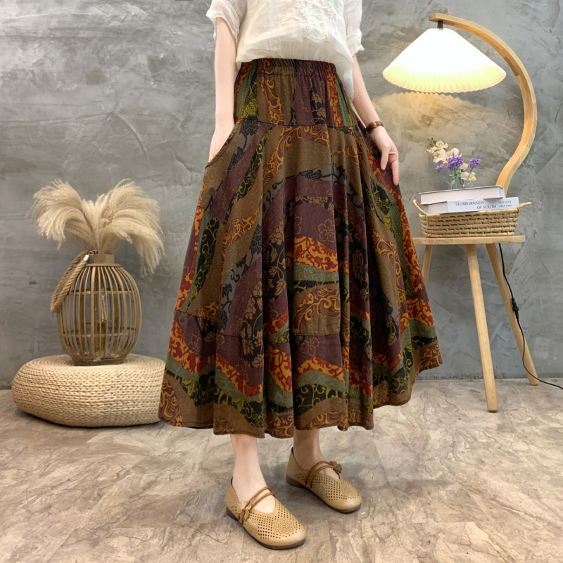 Madingas moteriškas pavasarinis ir rudens naujas medvilninis ir lininis gėlėtas sijonas vasarinis tamprus aukštu juosmeniu retro ilgas šokių didelis sijonas