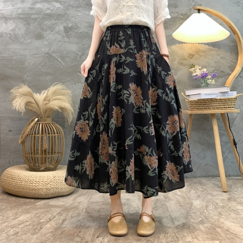 Madingas moteriškas pavasarinis ir rudens naujas medvilninis ir lininis gėlėtas sijonas vasarinis tamprus aukštu juosmeniu retro ilgas šokių didelis sijonas