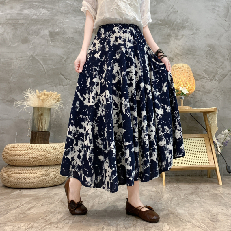 Madingas moteriškas pavasarinis ir rudens naujas medvilninis ir lininis gėlėtas sijonas vasarinis tamprus aukštu juosmeniu retro ilgas šokių didelis sijonas