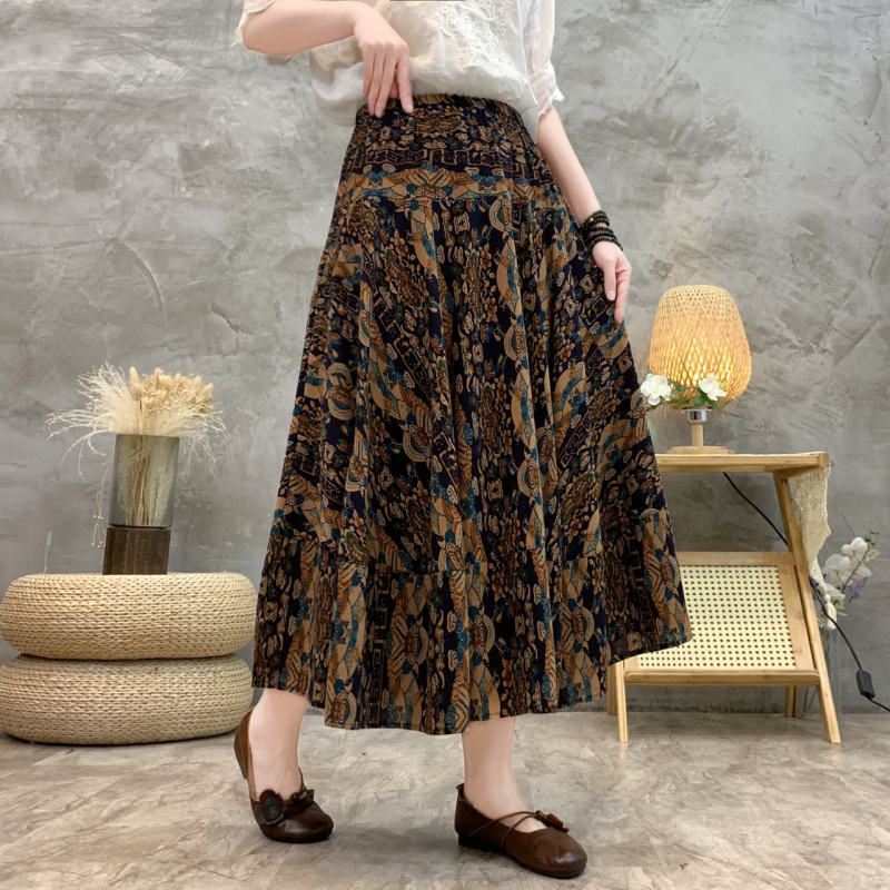 Madingas moteriškas pavasarinis ir rudens naujas medvilninis ir lininis gėlėtas sijonas vasarinis tamprus aukštu juosmeniu retro ilgas šokių didelis sijonas