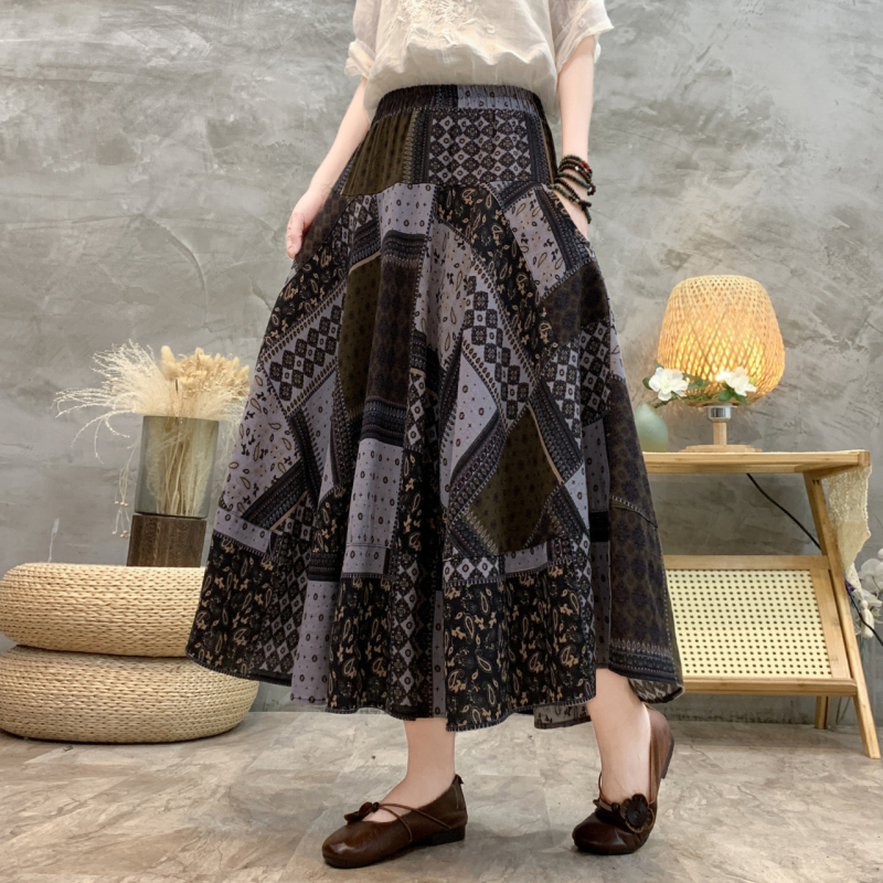 Madingas moteriškas pavasarinis ir rudens naujas medvilninis ir lininis gėlėtas sijonas vasarinis tamprus aukštu juosmeniu retro ilgas šokių didelis sijonas