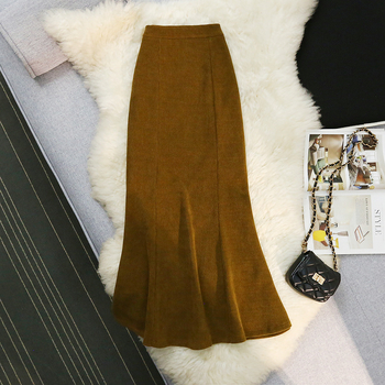 Ρετρό κομψή, κομψή, κοτλέ φούστα ισχίου, γυναικεία, ψηλόμεση, λεπτή, αδυνατιστική, μονόχρωμη φούστα με ουρά ψαριού, μεσαίου μήκους