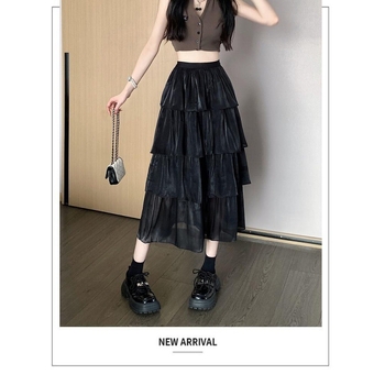 Дамска пола със средна дължина и широка талия, модел Streamers Gauze, с волани и ромбове, за пролет и лято 2024