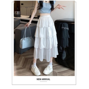 Дамска пола със средна дължина и широка талия, модел Streamers Gauze, с волани и ромбове, за пролет и лято 2024