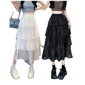 Дамска пола със средна дължина и широка талия, модел Streamers Gauze, с волани и ромбове, за пролет и лято 2024