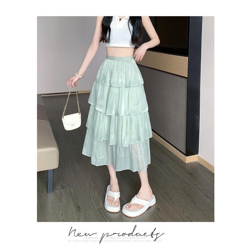 Dámska jarná a letná sukňa s volánikmi a gázou, vrstvená, s volánmi a tortou, perleťová, stredne dlhá, voľný pás, 2024