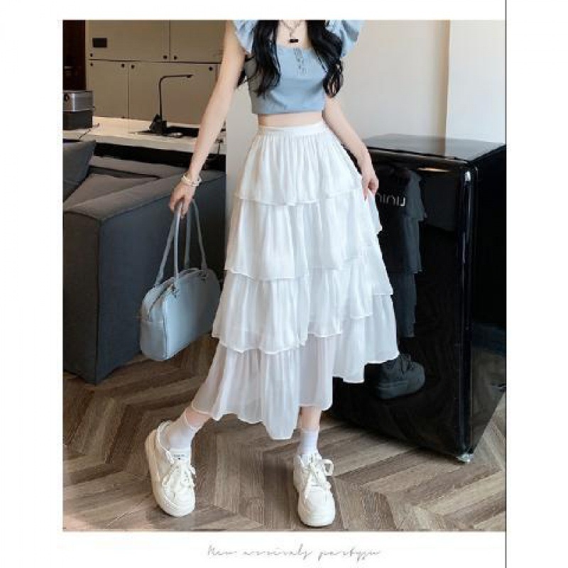Dámska jarná a letná sukňa s volánikmi a gázou, vrstvená, s volánmi a tortou, perleťová, stredne dlhá, voľný pás, 2024