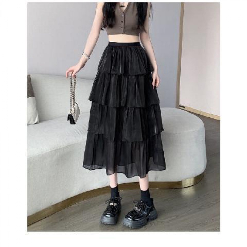 Dámska jarná a letná sukňa s volánikmi a gázou, vrstvená, s volánmi a tortou, perleťová, stredne dlhá, voľný pás, 2024