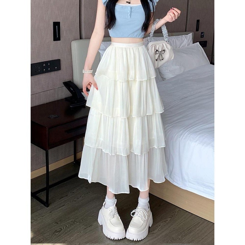 Dámska jarná a letná sukňa s volánikmi a gázou, vrstvená, s volánmi a tortou, perleťová, stredne dlhá, voľný pás, 2024