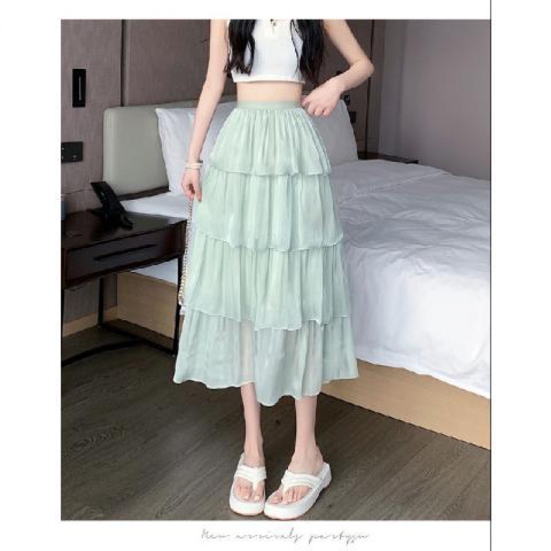 Dámska jarná a letná sukňa s volánikmi a gázou, vrstvená, s volánmi a tortou, perleťová, stredne dlhá, voľný pás, 2024