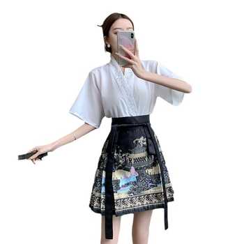 Καλοκαίρι 2024 Νέο Κινέζικο Στυλ Μικρό Αντράκι με Κεντημένο Τοπ Κοντή Ολόσωμη Φούστα με Δαντέλα και Στάμπα με Άλογο, Μοντέρνα