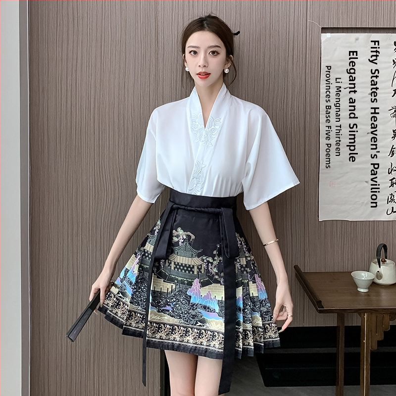 Ljeto 2024. Novi kineski stil, mali čovjek s ovratnikom, izvezeni top, kratka jednodijelna suknja s printom konja, moderna