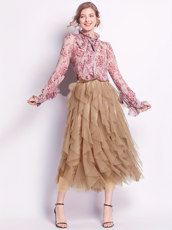 Jesenná a zimná kórejska elastická pásová móda zahraničného obchodu zoštíhľujúca sieťovaná šitie nepravidelná stredne dlhá sukňa s vysokým pásom