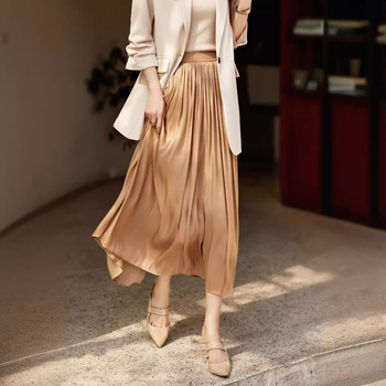 Jarná a letná 2024 Nová jemná stuha, medená amoniaková hodvábna sukňa, dámska skladaná sukňa s vysokým pásom, dlhá sukňa s rozprávkovou módou