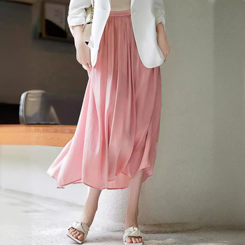 Jarná a letná 2024 Nová jemná stuha, medená amoniaková hodvábna sukňa, dámska skladaná sukňa s vysokým pásom, dlhá sukňa s rozprávkovou módou