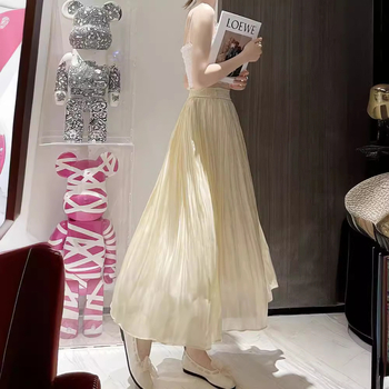 Jarná a letná 2024 Nová jemná stuha, medená amoniaková hodvábna sukňa, dámska skladaná sukňa s vysokým pásom, dlhá sukňa s rozprávkovou módou