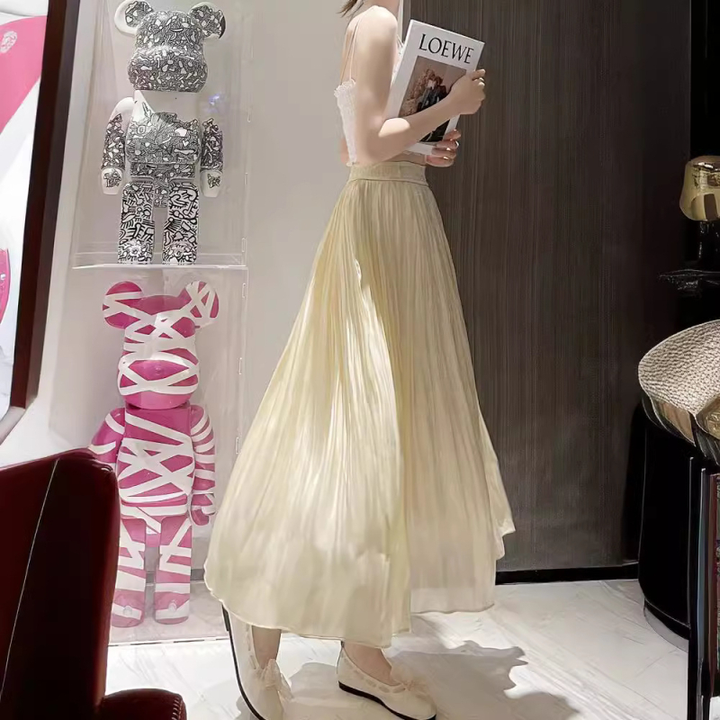 Jarná a letná 2024 Nová jemná stuha, medená amoniaková hodvábna sukňa, dámska skladaná sukňa s vysokým pásom, dlhá sukňa s rozprávkovou módou