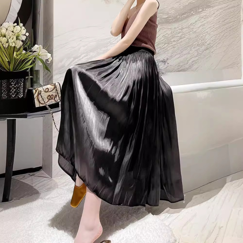 Jarná a letná 2024 Nová jemná stuha, medená amoniaková hodvábna sukňa, dámska skladaná sukňa s vysokým pásom, dlhá sukňa s rozprávkovou módou